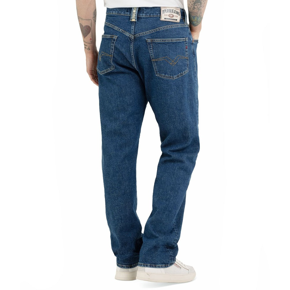 Rear view of Replay M9Zero1 Straight Fit Jeans in Red Cast Indigo Dark