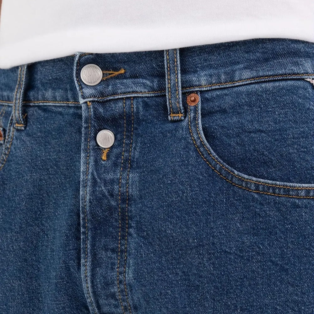 Fly close up on Replay M9Zero1 Straight Fit Jeans in Red Cast Indigo Dark