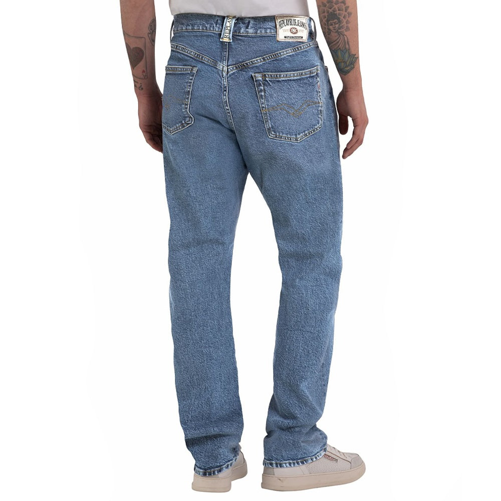 Rear view of Replay M9Zero1 Straight Fit Jeans in Red Cast Indigo Mid