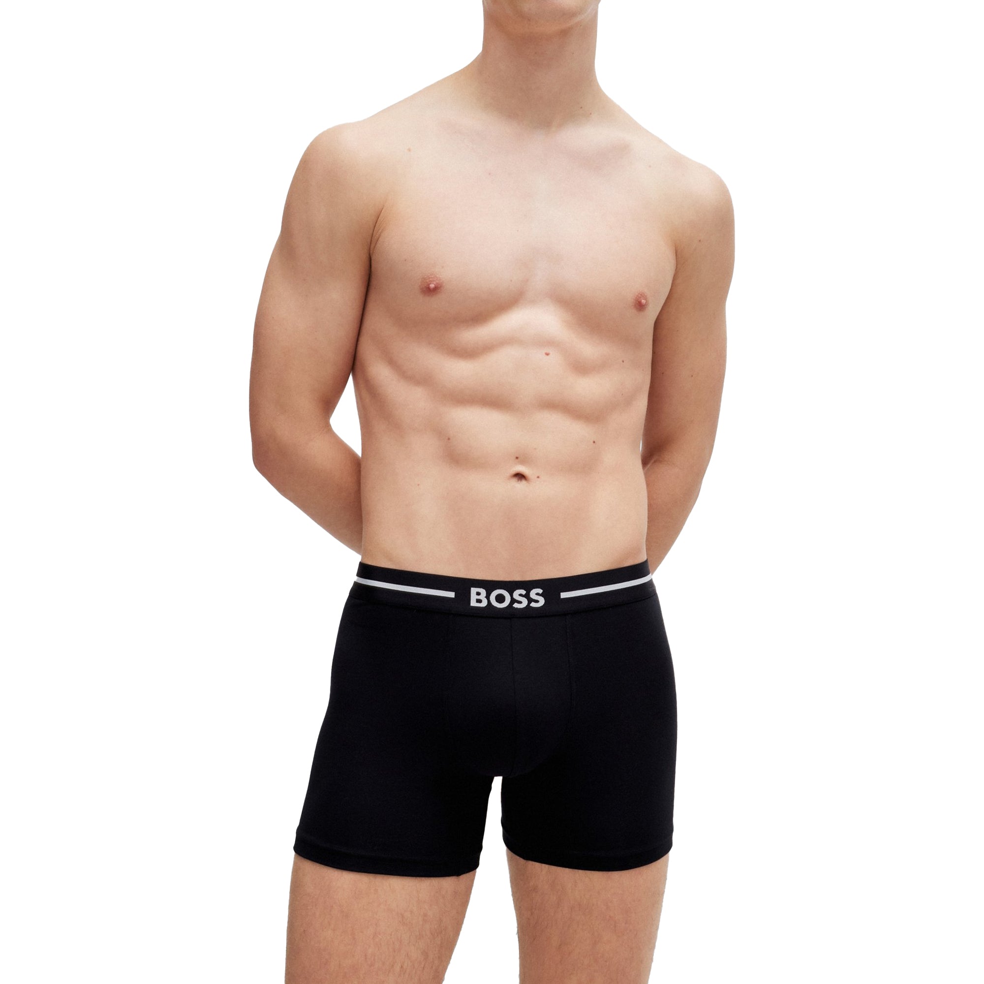 Model shot of man wearing Black version of Boss Boxer Breifs