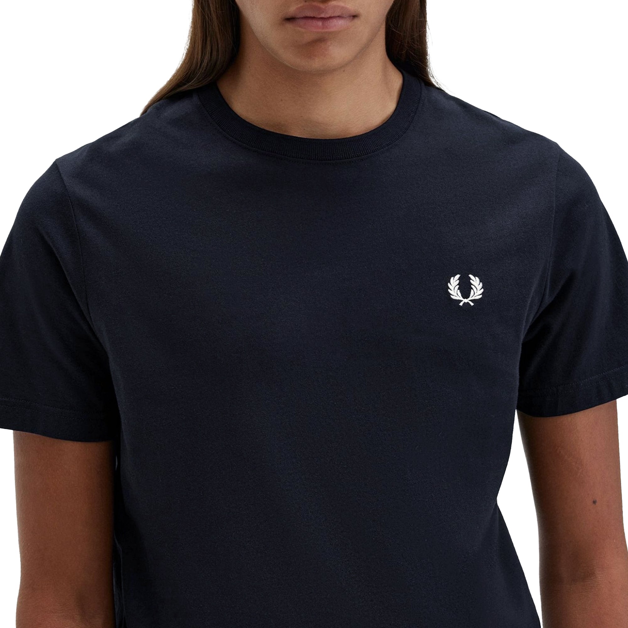 Close-up of Laurel Wreath embroidery on Fred Perry Crew Neck T-Shirt for Men in Navy