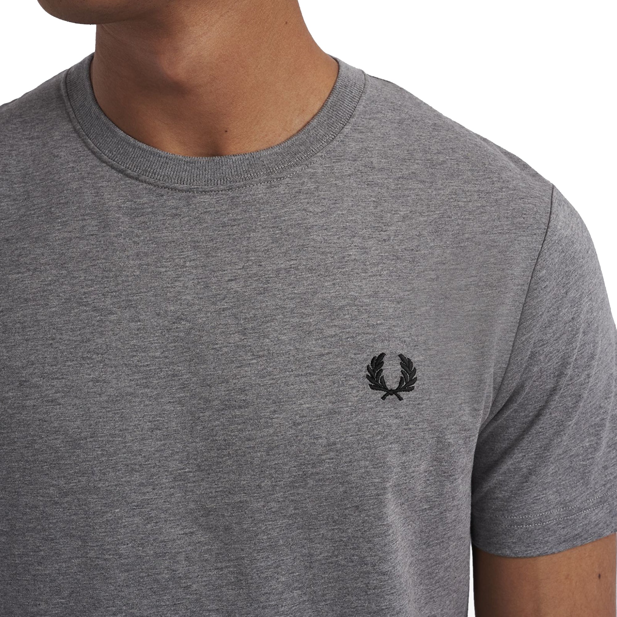 Close-up of Laurel Wreath embroidery on Fred Perry Crew Neck T-Shirt for Men in Steel Marl