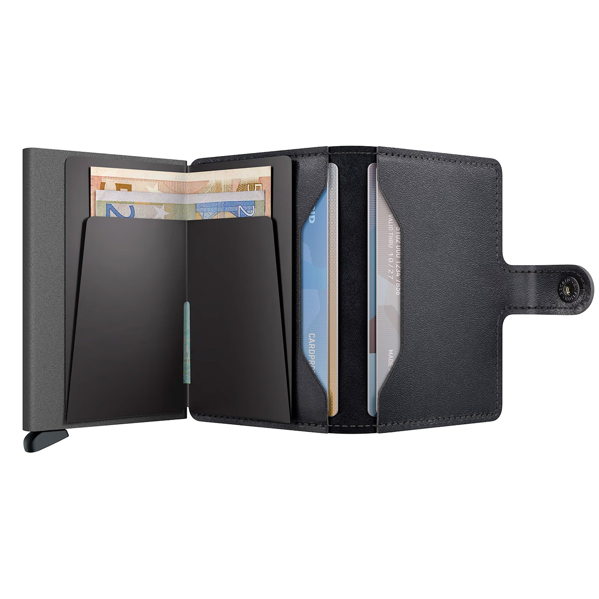 Black wallet open to show card slots on a white background