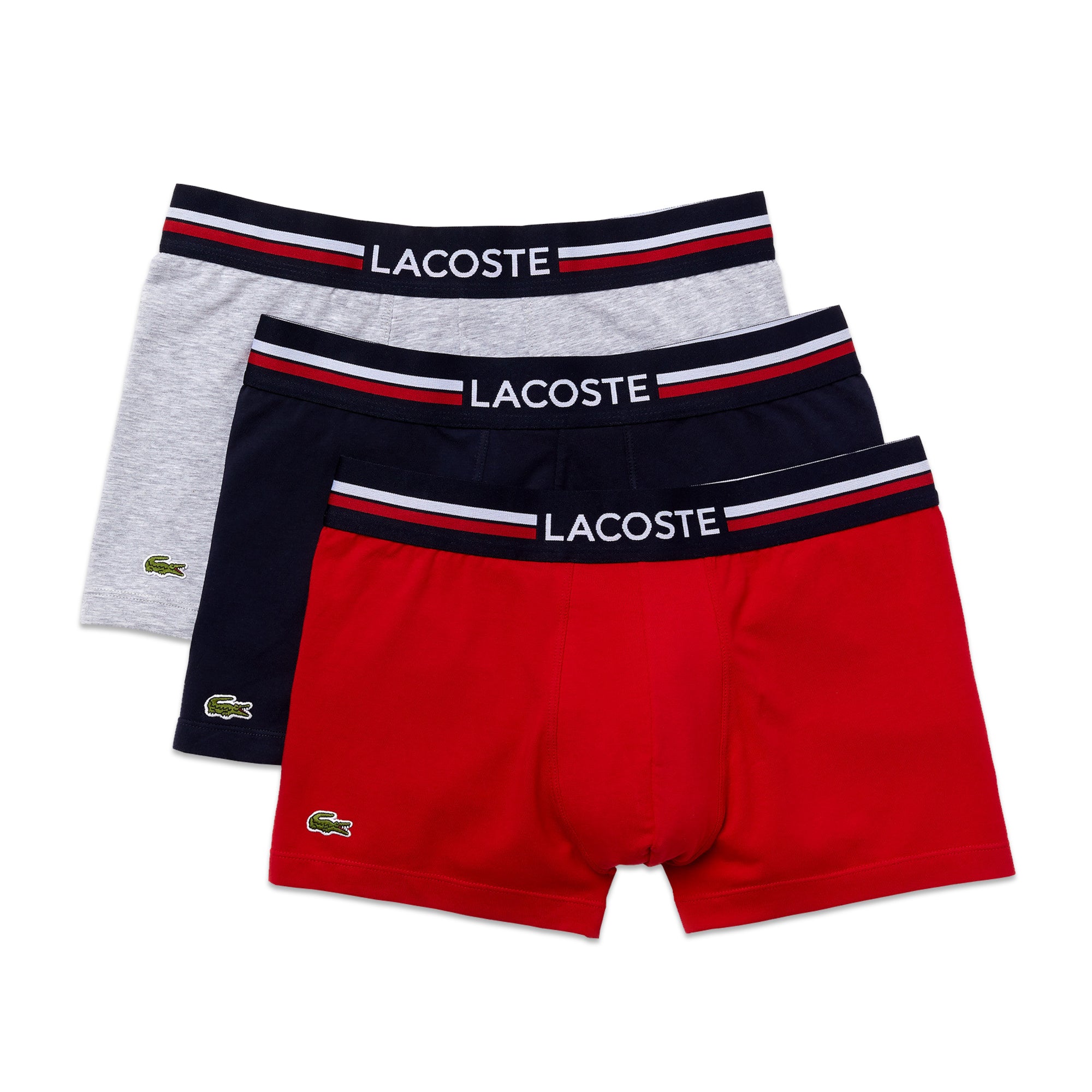 Lacoste 3 Pack Cotton Stretch Trunks - Grey/Red/Navy Striped Band