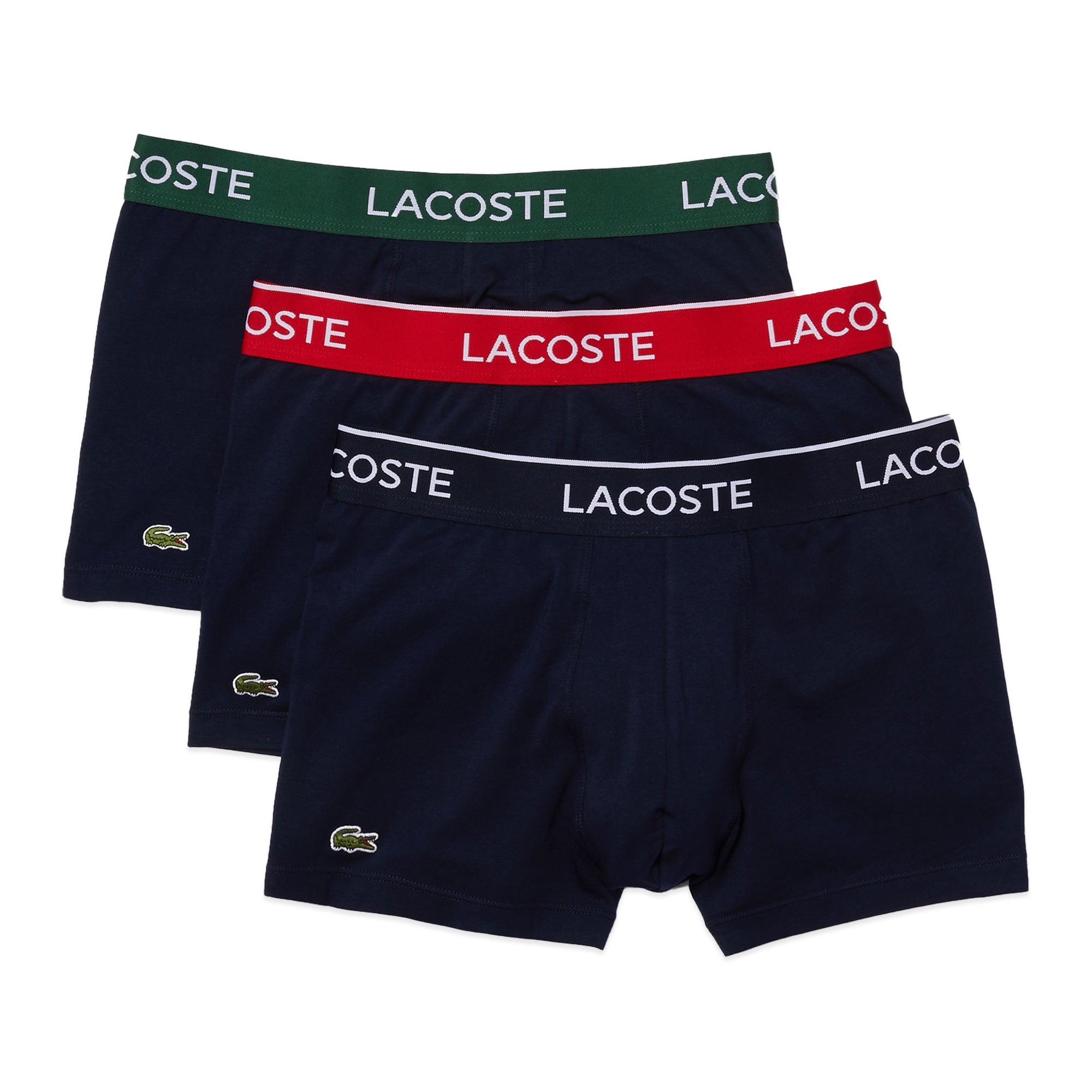 Lacoste 3 Pack Cotton Stretch Trunks - Navy with Red/Green/Navy Waistband