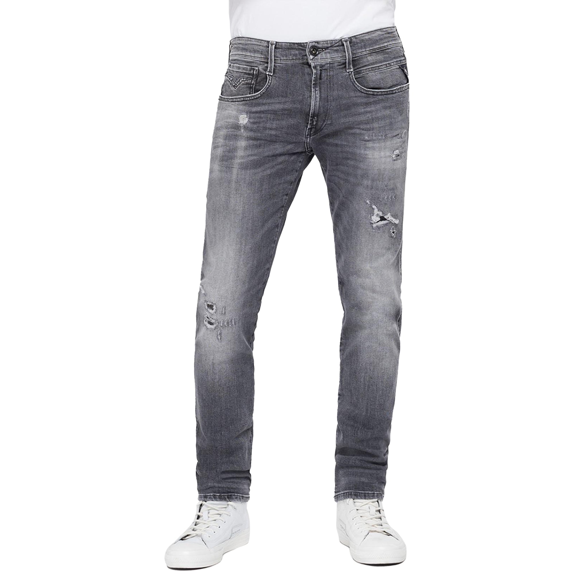 Replay Anbass Slim Jeans - 10 Year Grey Rip & Repair
