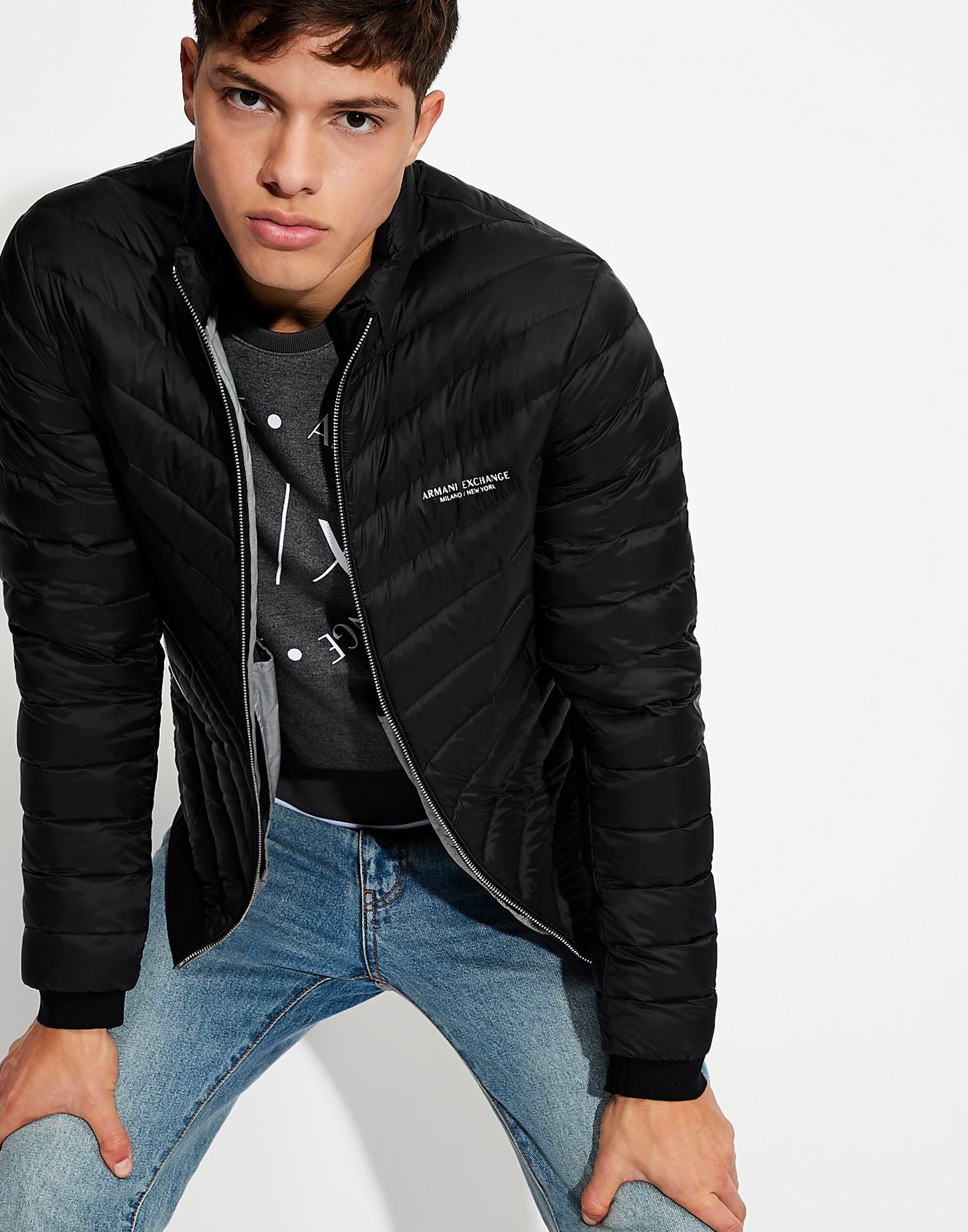 Armani Zip Front Quilted Jacket in Black for Men