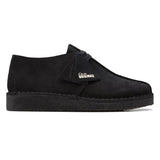 Black suede shoe with 'Clarks Originals' logo on a white background