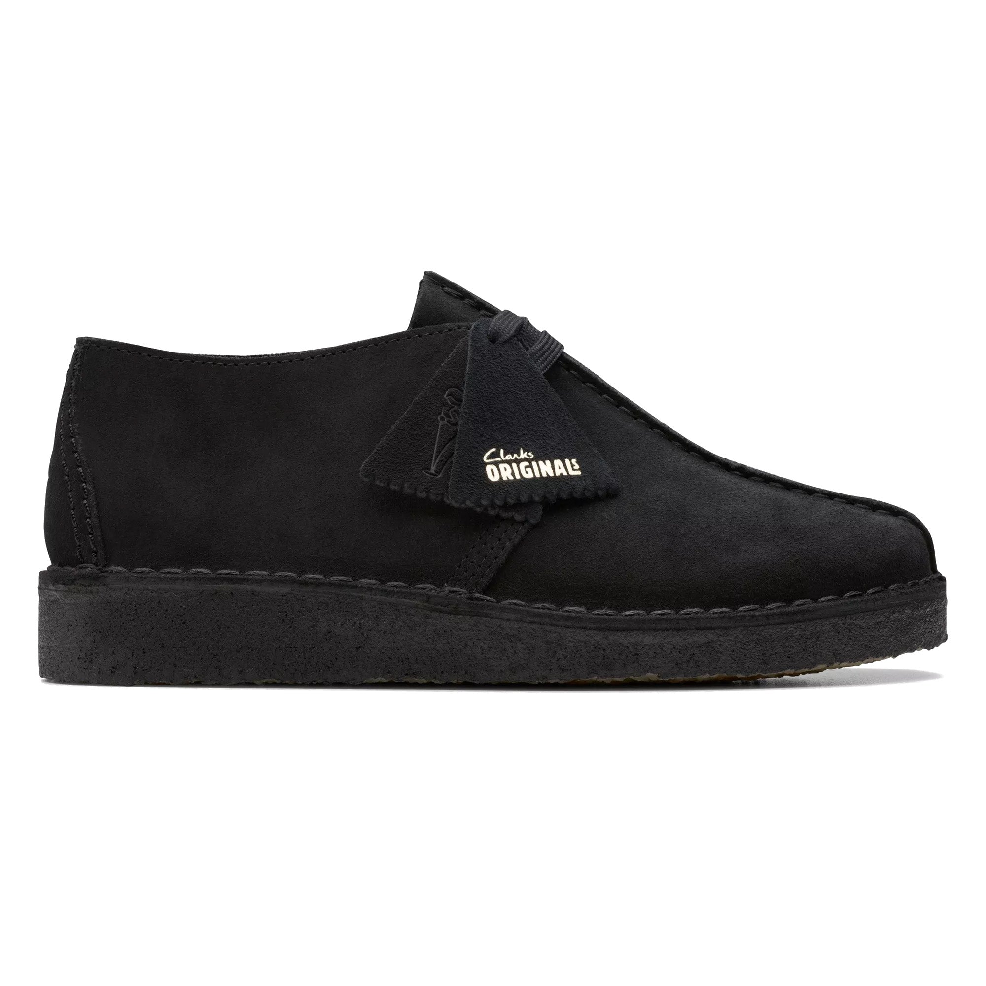 Black suede shoe with 'Clarks Originals' logo on a white background