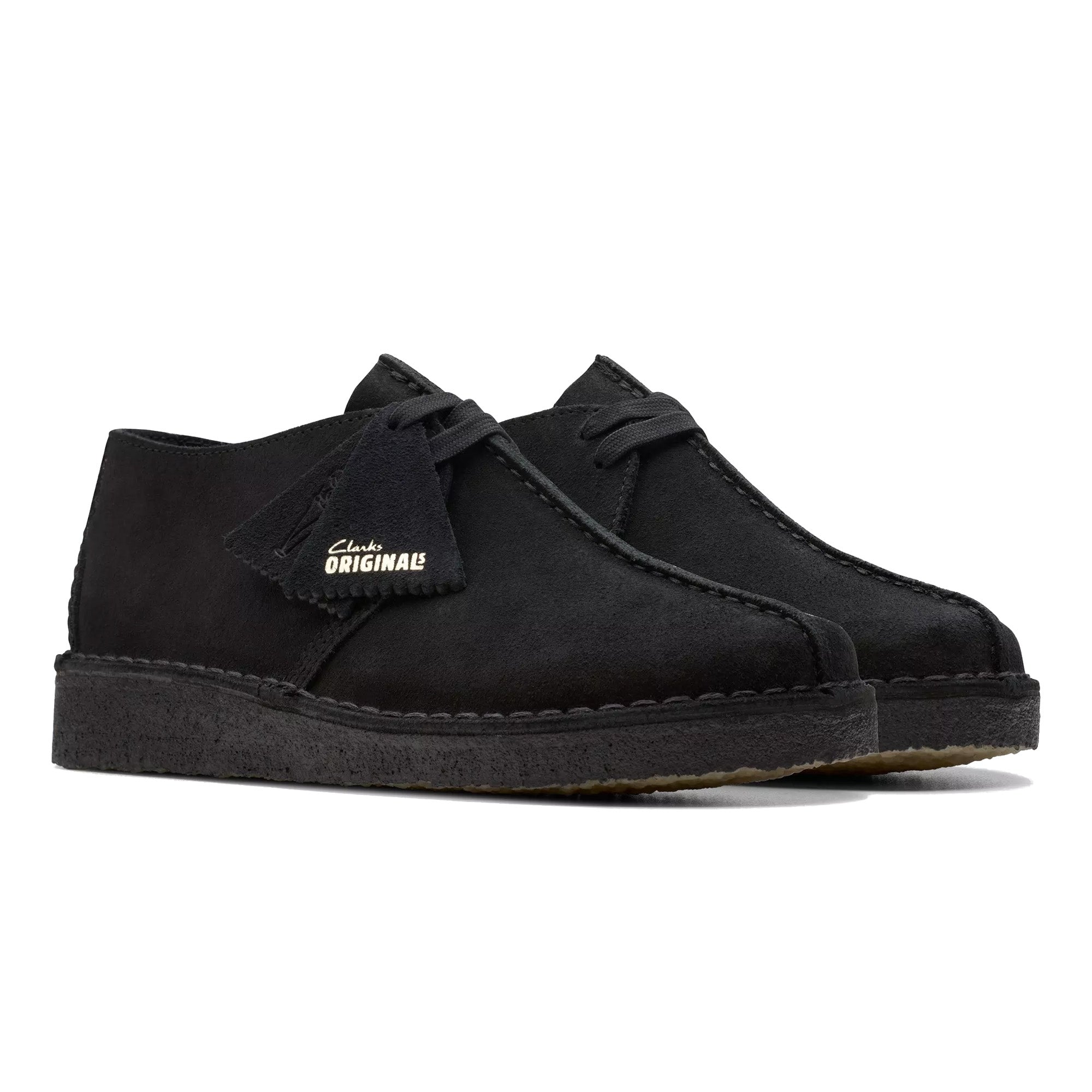 Black suede shoe with 'Clarks Originals' logo on a white background