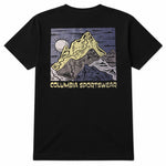 Black t-shirt with mountain graphic and Columbia Sportswear logo on a white background