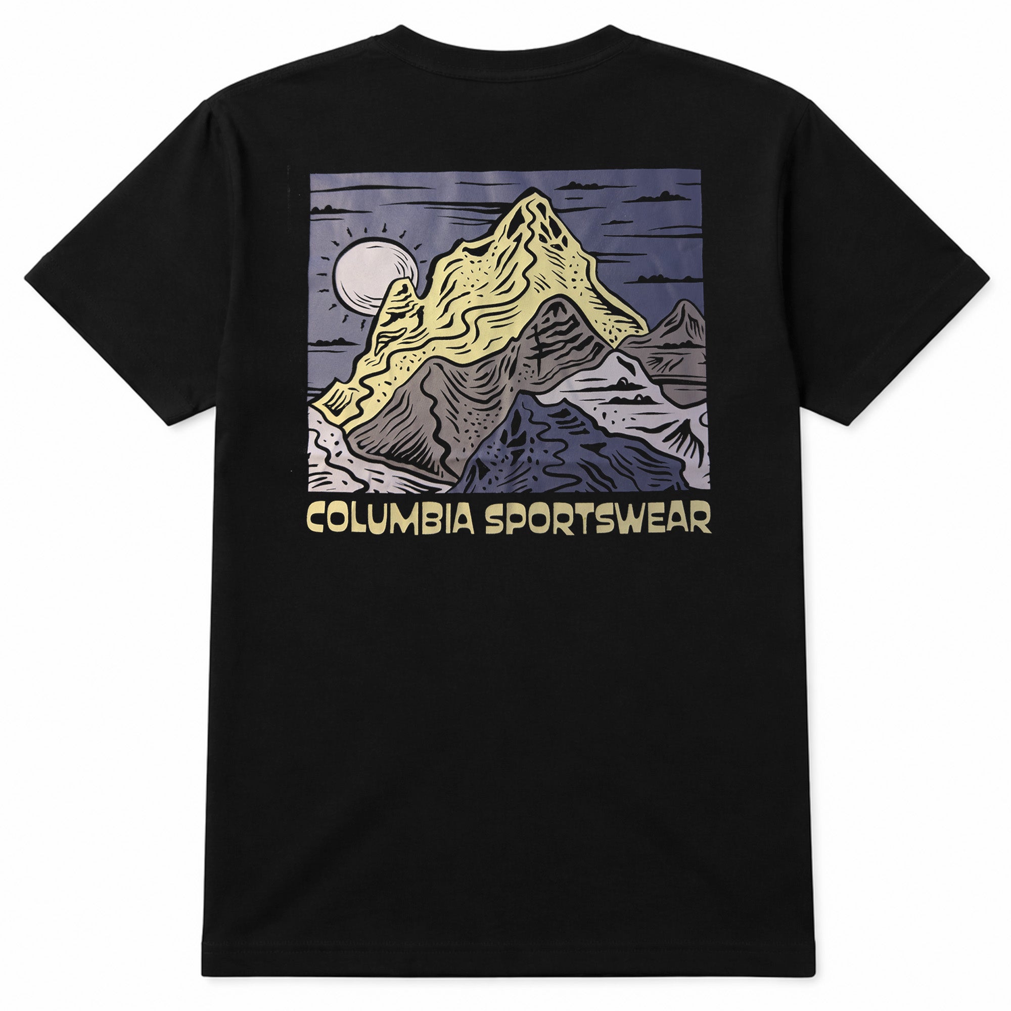 Black t-shirt with mountain graphic and Columbia Sportswear logo on a white background