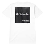 White t-shirt with Columbia Sportswear Company logo on a black background