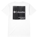White t-shirt with Columbia Sportswear Company logo on a black background