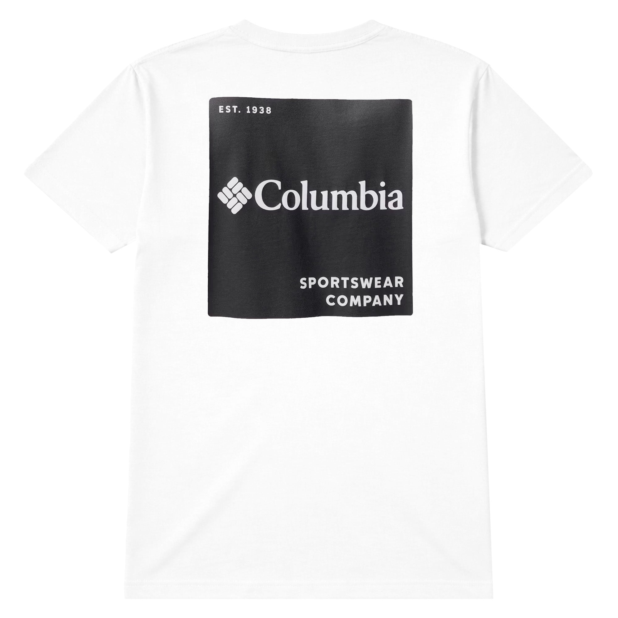 White t-shirt with Columbia Sportswear Company logo on a black background