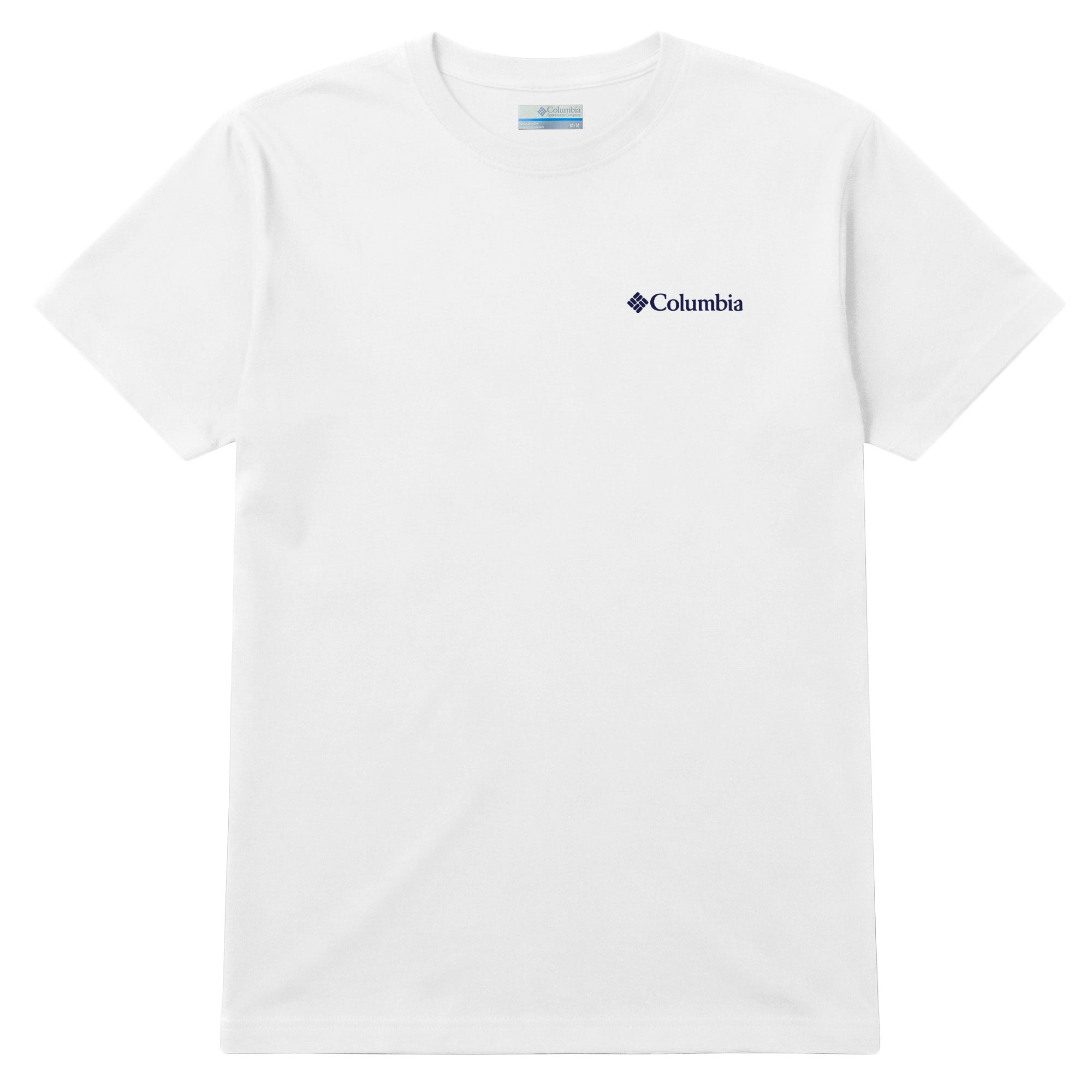White t-shirt with Columbia logo on a white background
