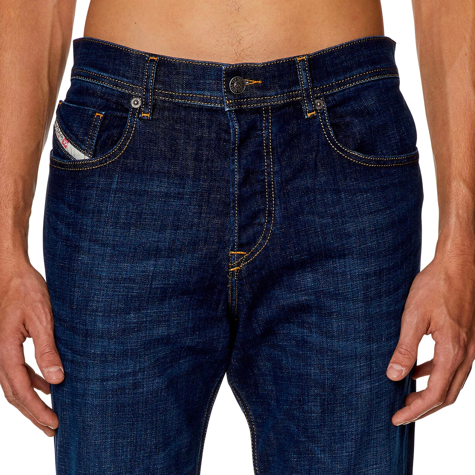 Close-up of waist on Diesel D-Finitive 09F89 Tapered Fit Jeans in Dark Blue