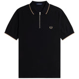 Front view of Fred Perry Crepe Pique Zip Neck Polo for Men in Black