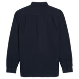 Back of a Navy Fred Perry shirt on a white background