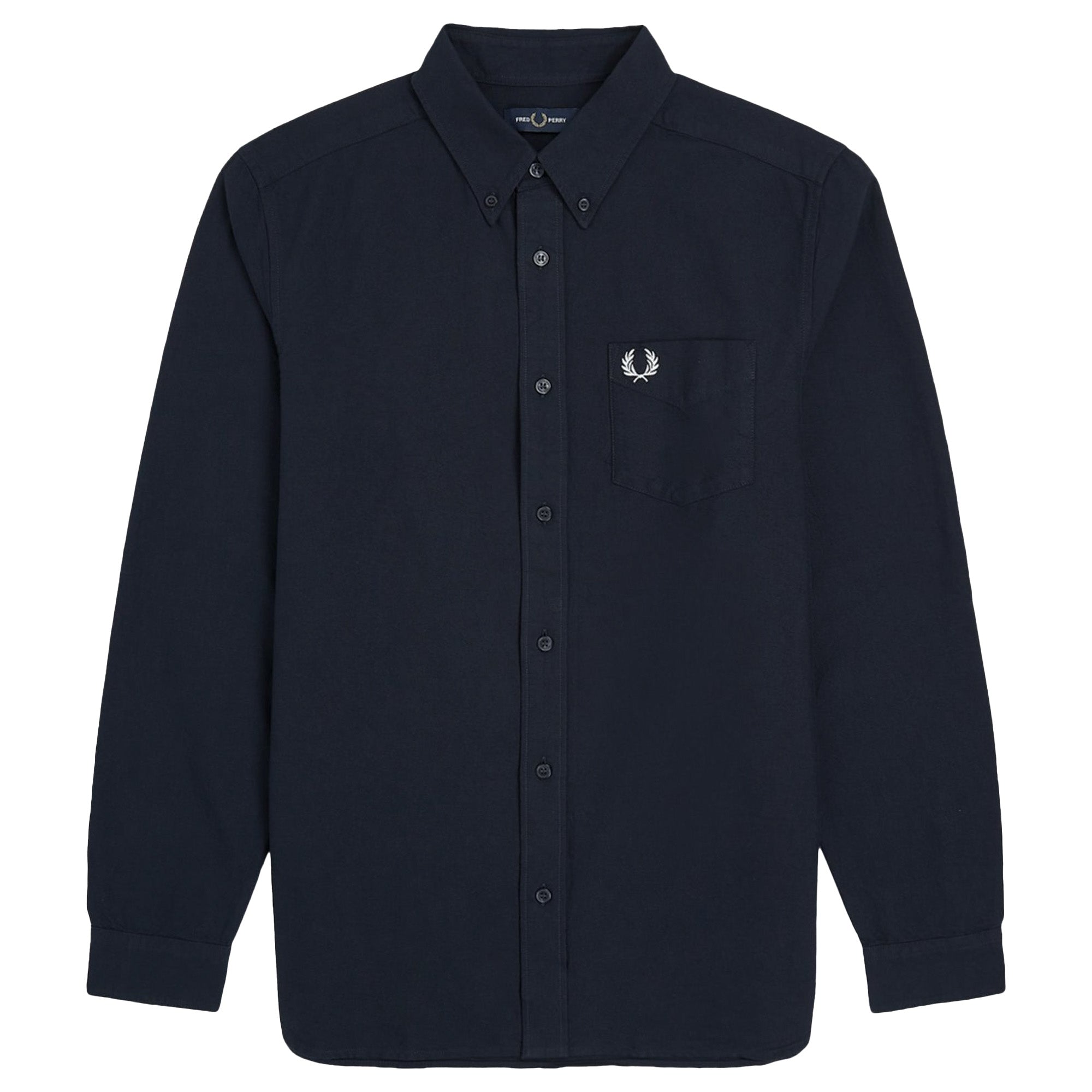 Front of a Navy Fred Perry shirt on a white background