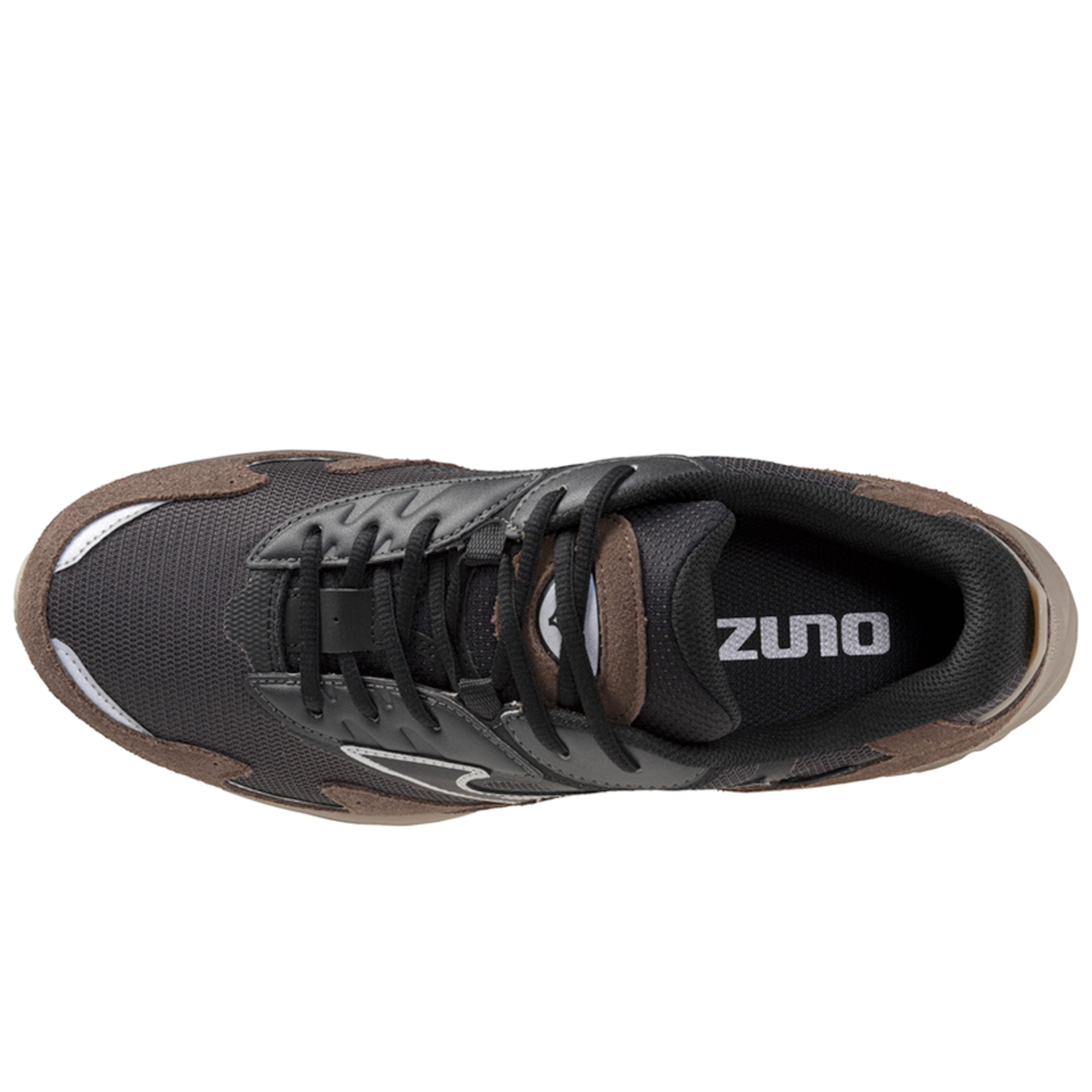 Black and brown sneaker with 'Zuno' branding on a white background