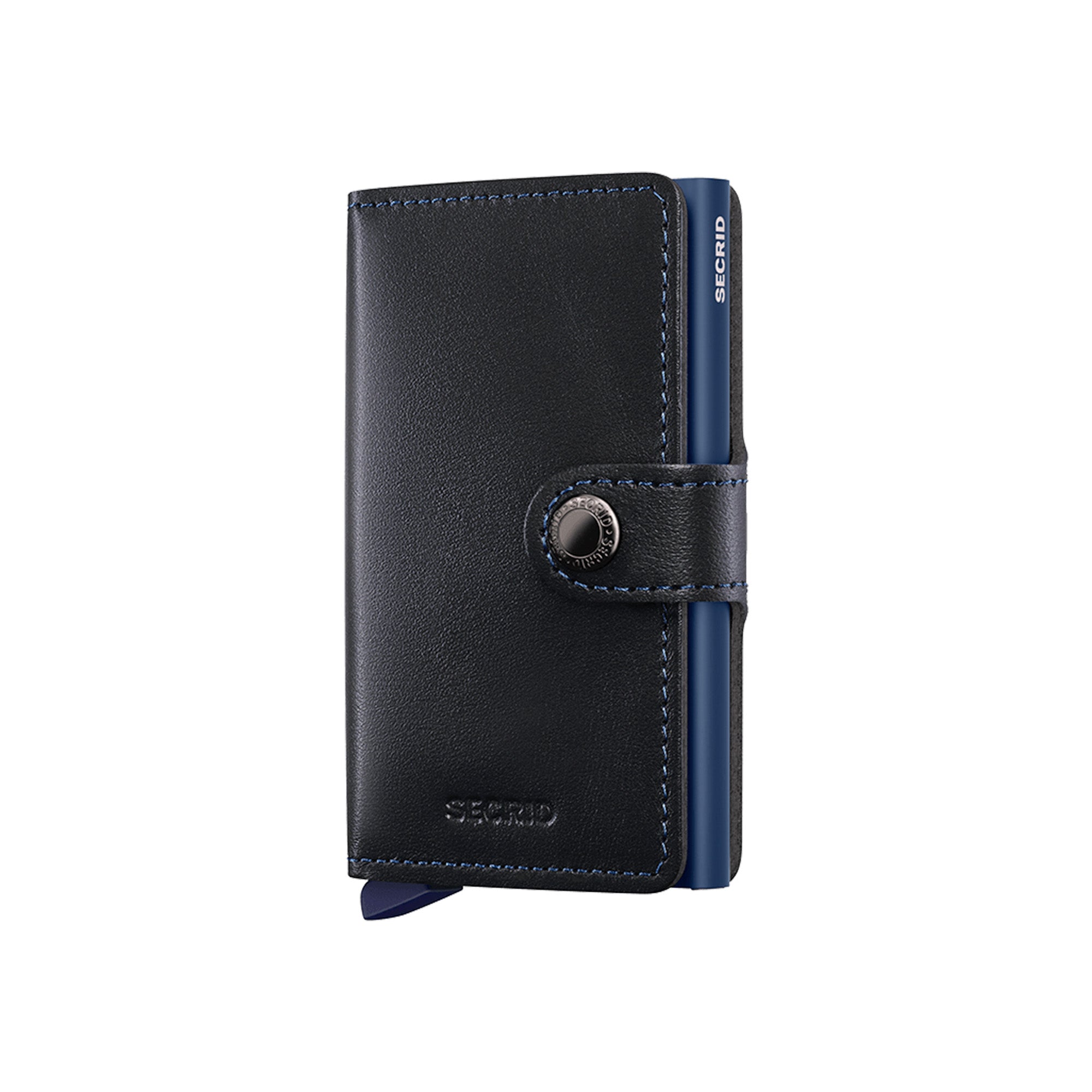 Black leather wallet with blue accents on a white background