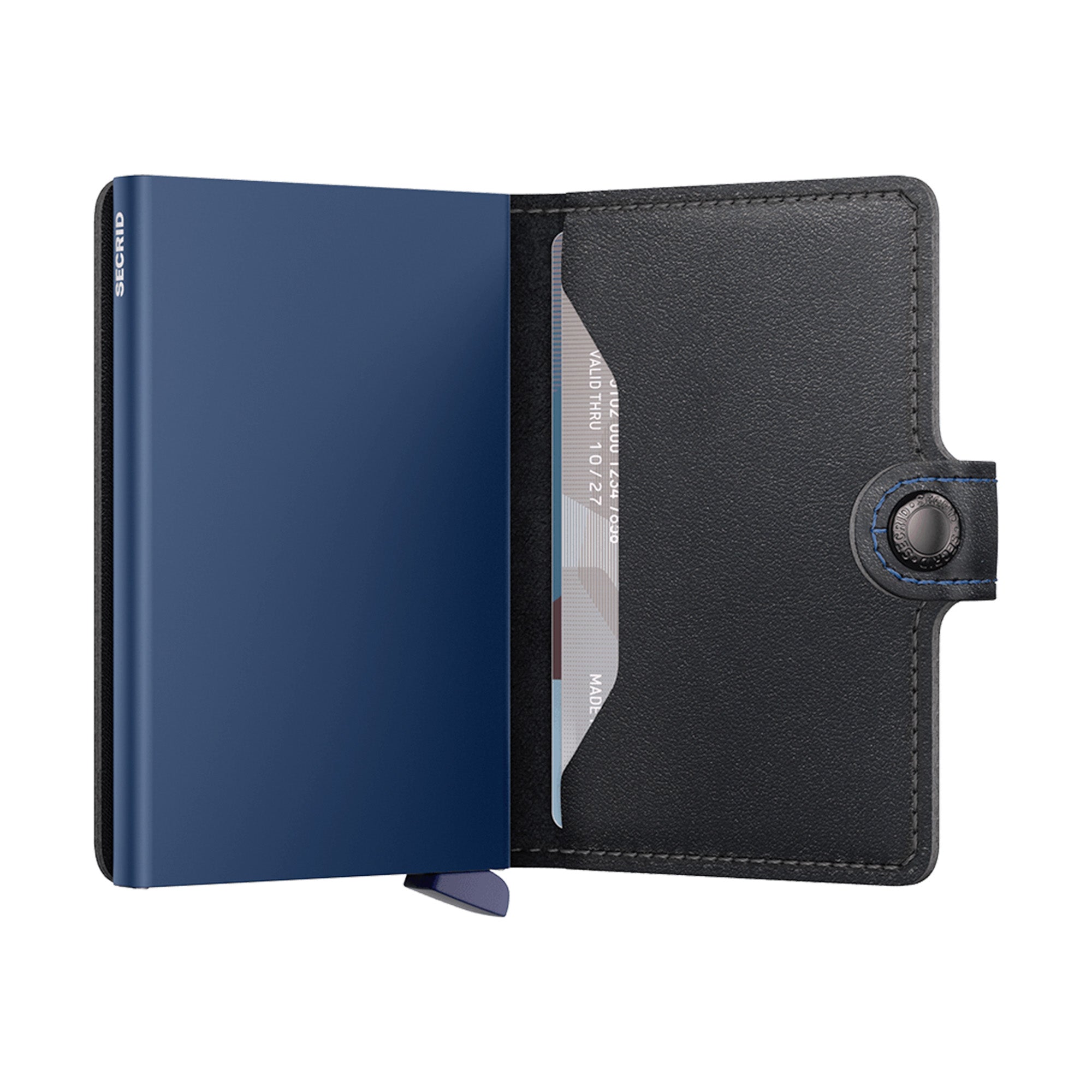 Black and blue wallet with card holder on a white background