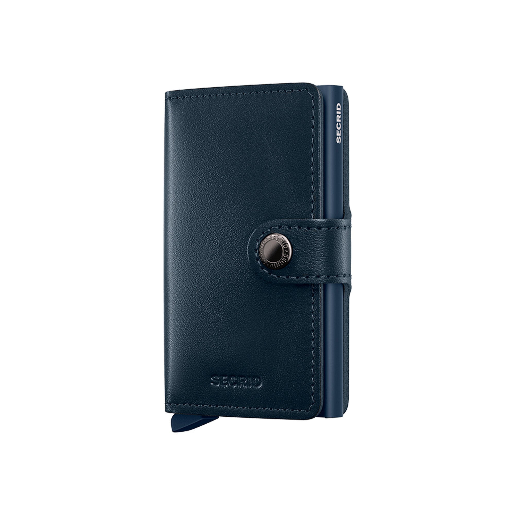 Navy blue wallet with brand logo on a white background