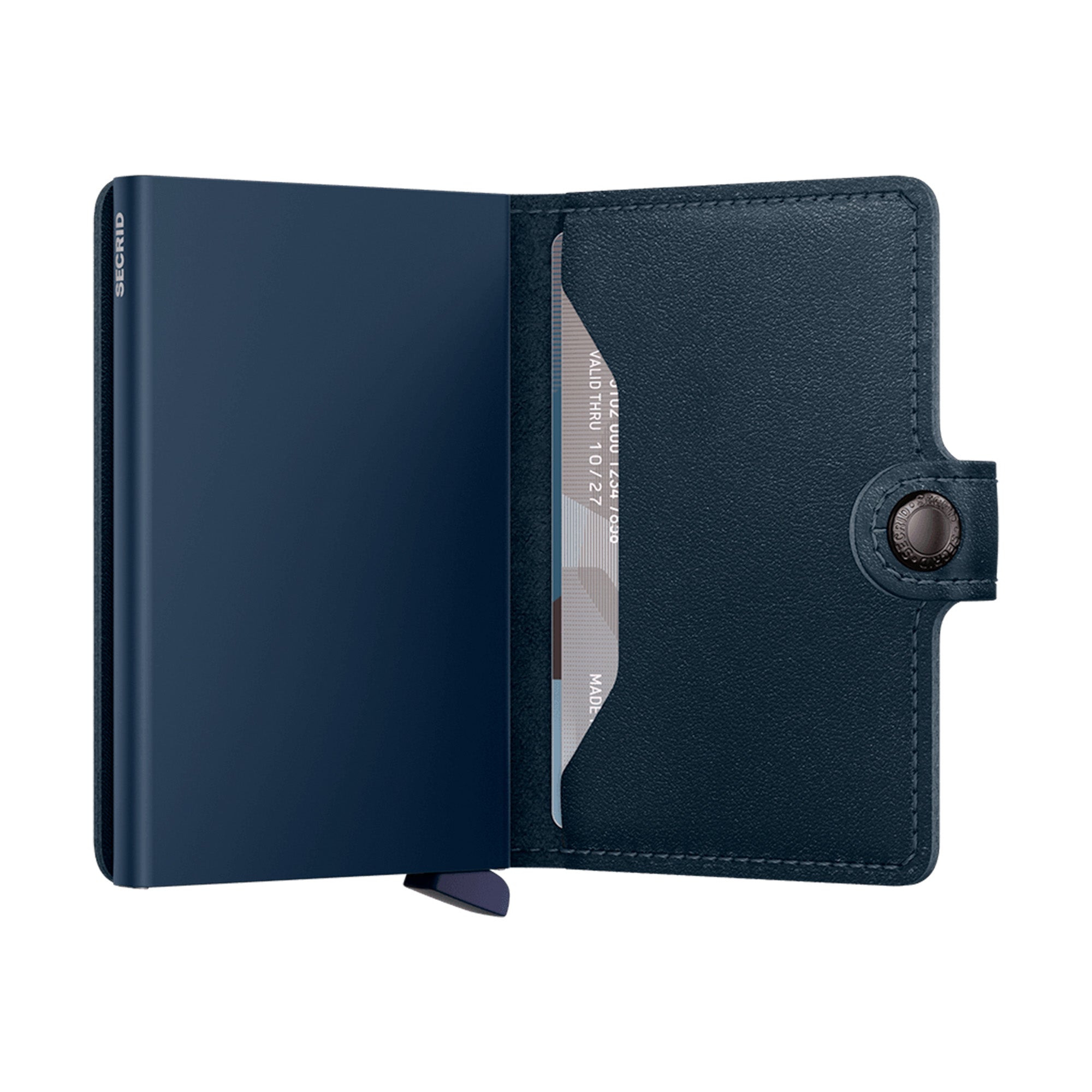 Blue leather wallet with card holder on a white background