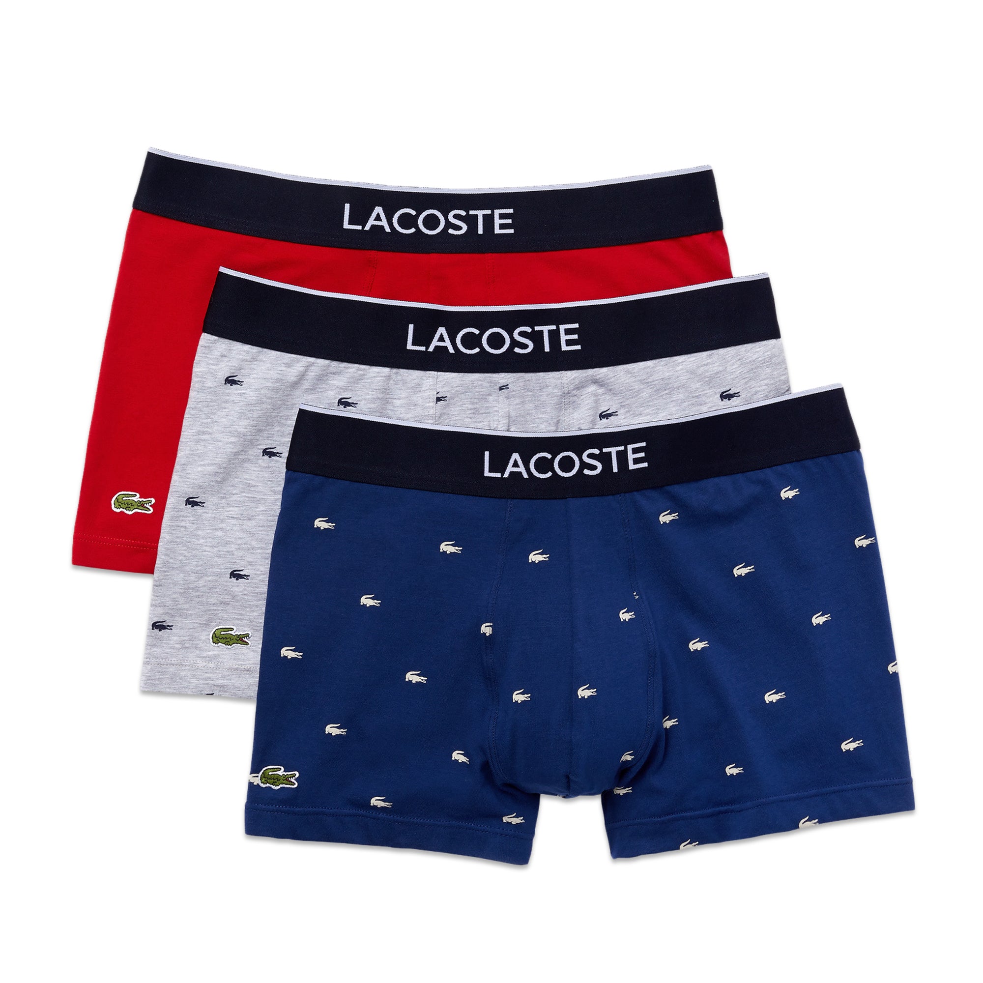 Lacoste 3 Pack Cotton Stretch Trunks - Grey/Red/Navy Crocs