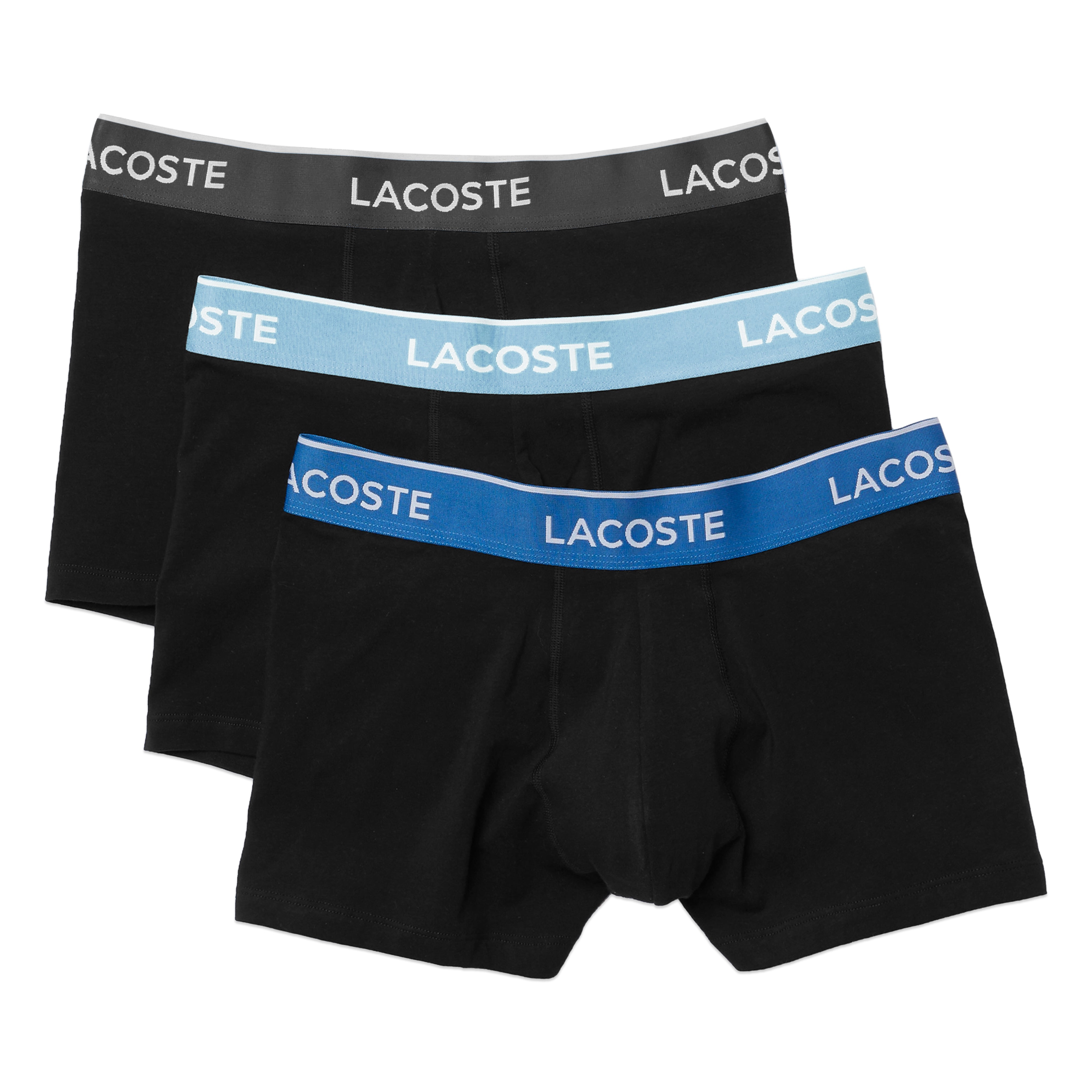Lacoste 3 Pack Cotton Stretch Trunks 5H3401 - Black with Blue/Sky Blue/Grey