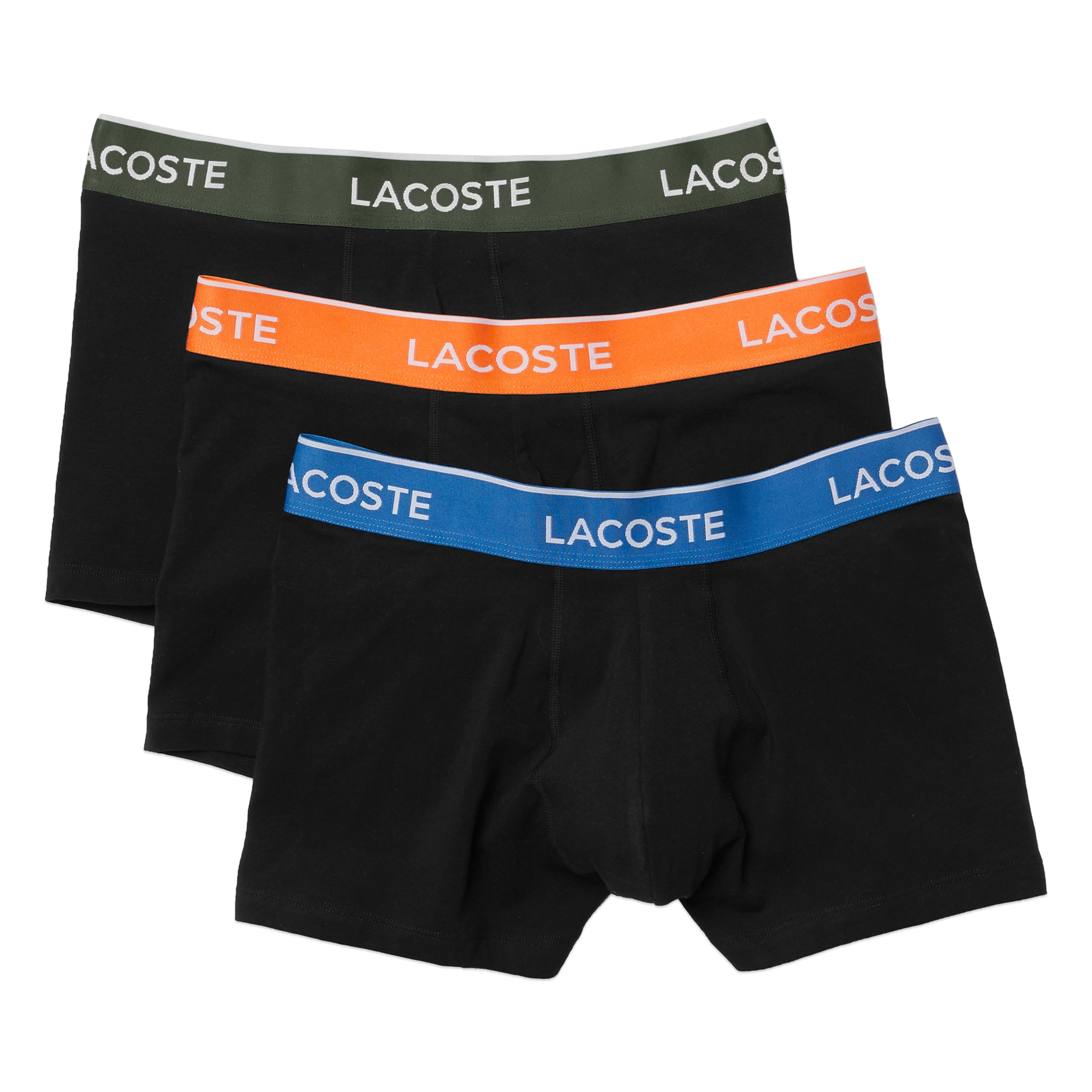 Lacoste 3 Pack Cotton Stretch Trunks 5H3401 - Black with Blue/Orange/Khaki