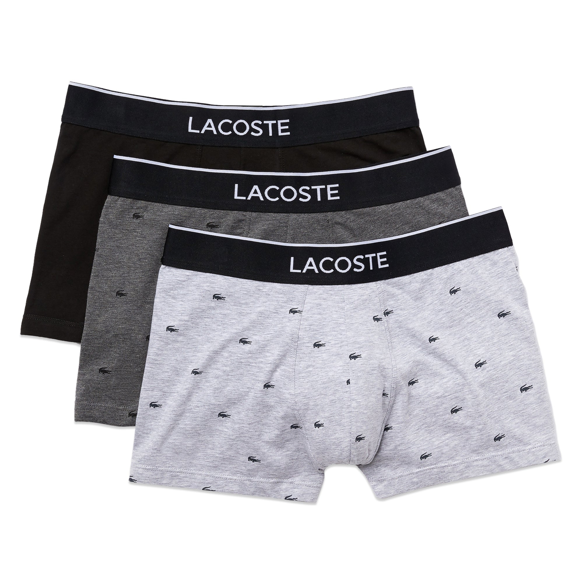 Lacoste 3 Pack Cotton Stretch Trunks - Black/Charcoal/Grey Crocs