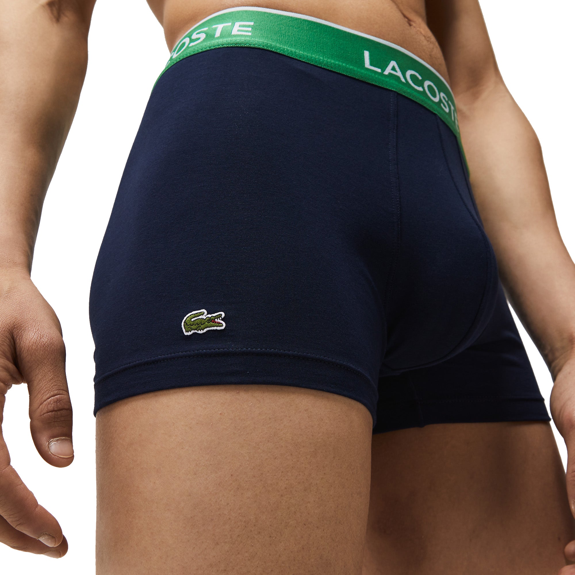 Lacoste 3 Pack Cotton Stretch Trunks - Navy with Blue/Green/Yellow Waistband