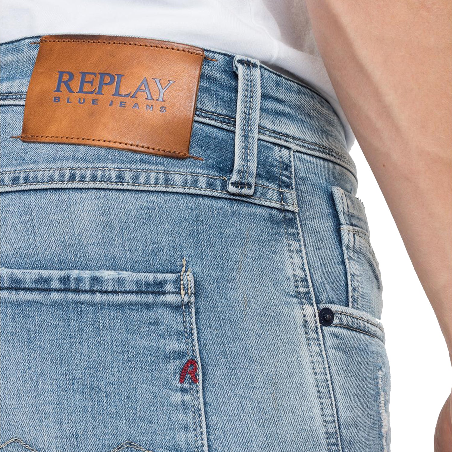 Replay Anbass 573 Bio Slim Fit Jeans - Light Blue Rip & Repair