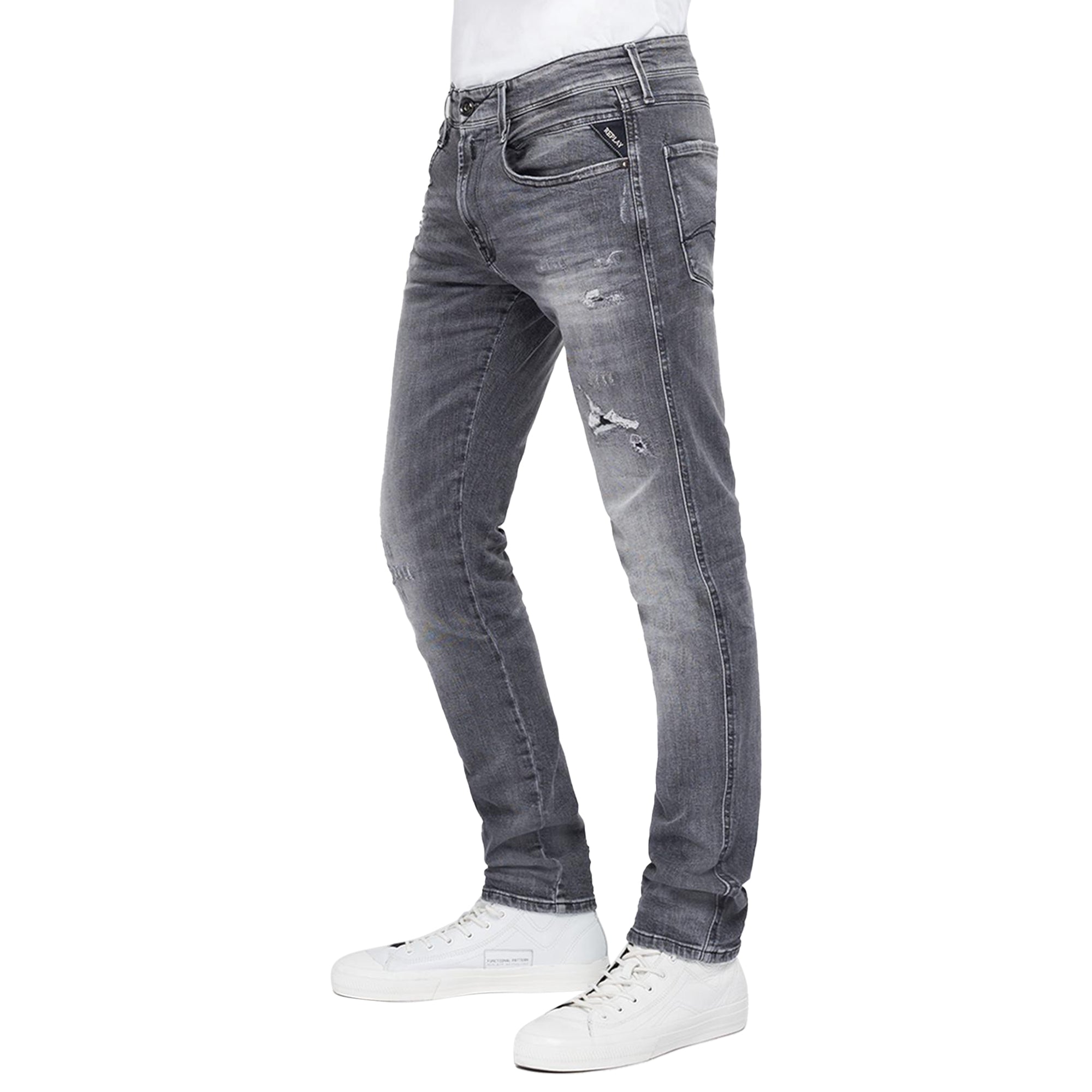 Replay Anbass Slim Jeans - 10 Year Grey Aged Rip & Repair