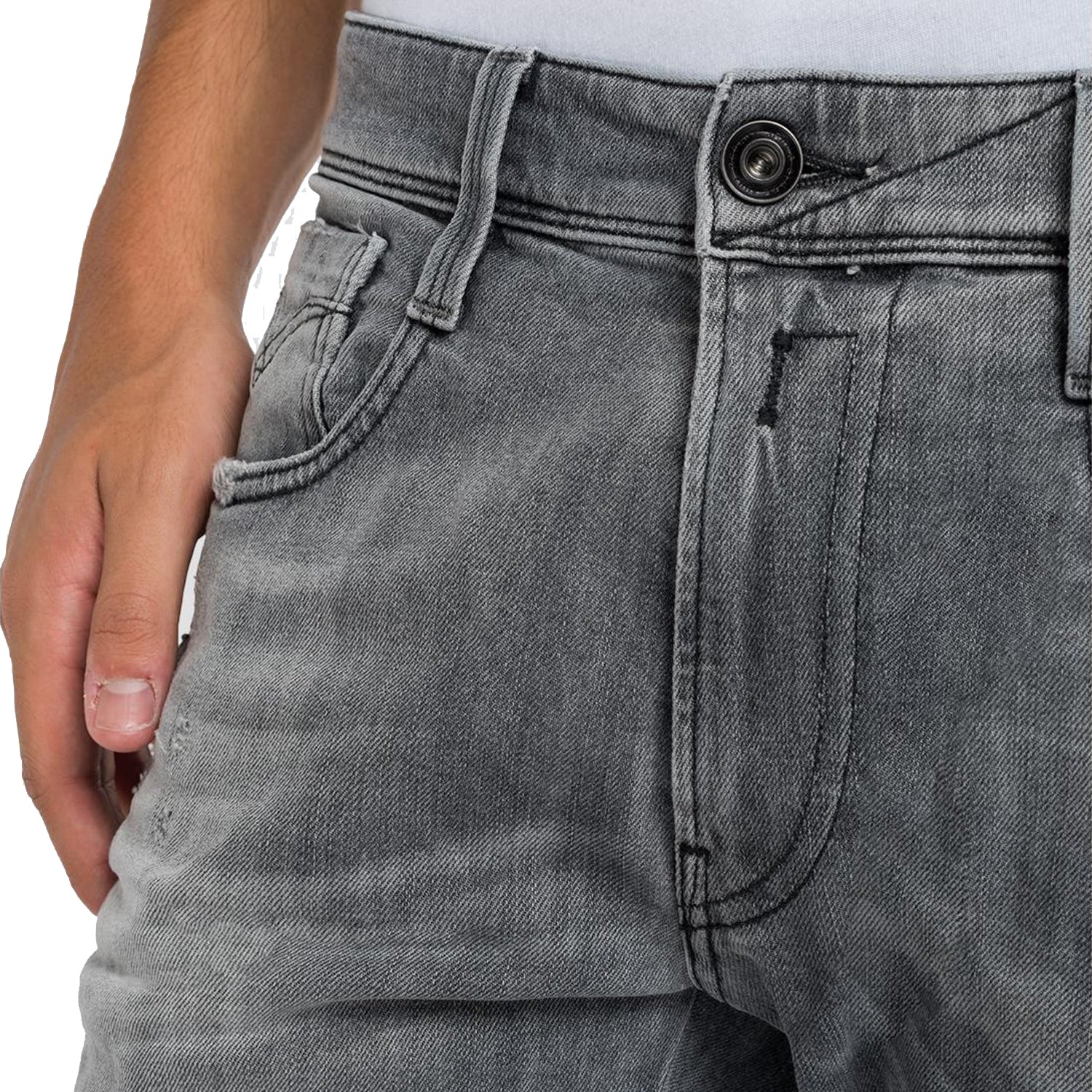 Replay Anbass Slim Jeans - Aged Eco 10 Year Grey Rip & Repair