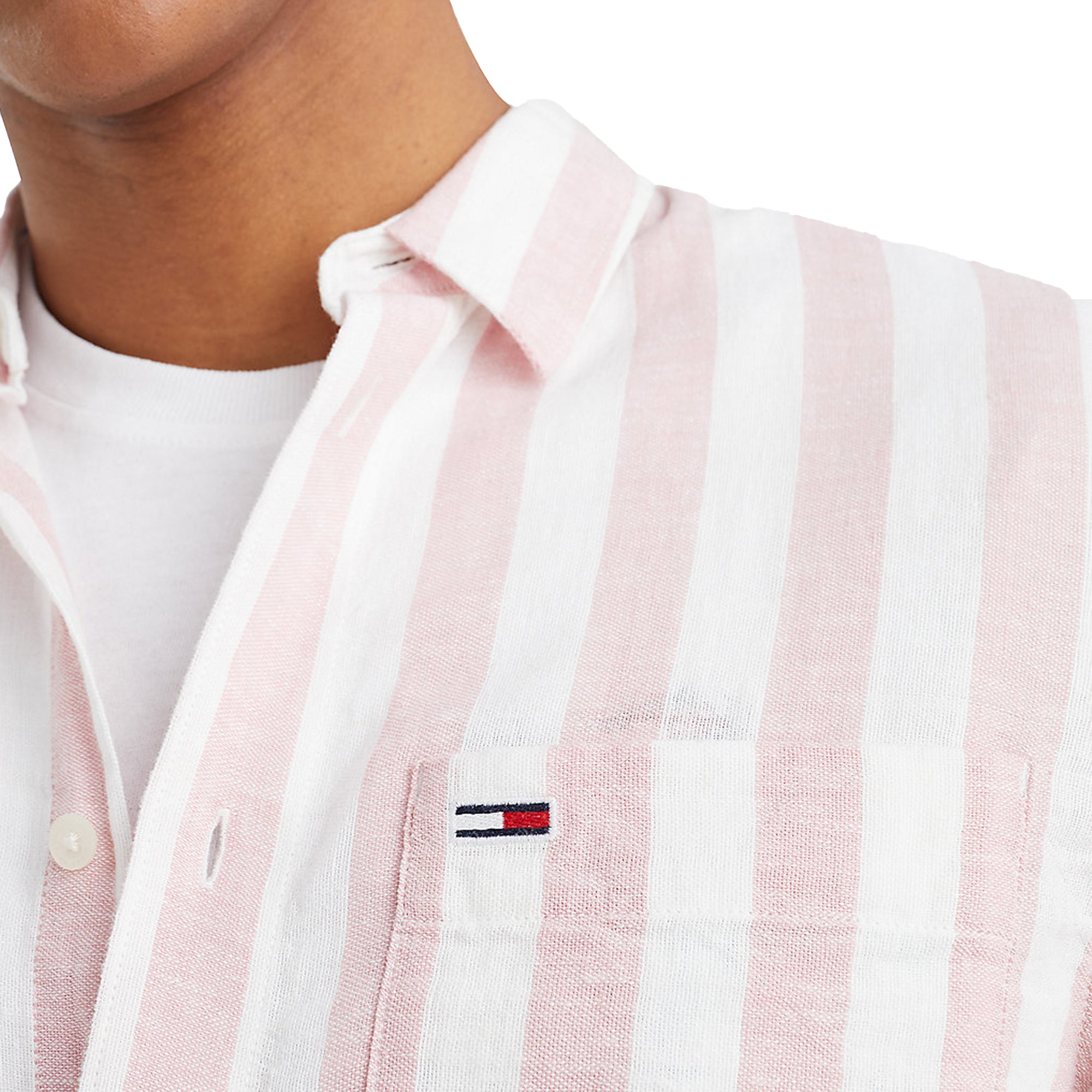 Tommy Linen Blend Stripe Short Sleeve Shirt - Broadway Pink